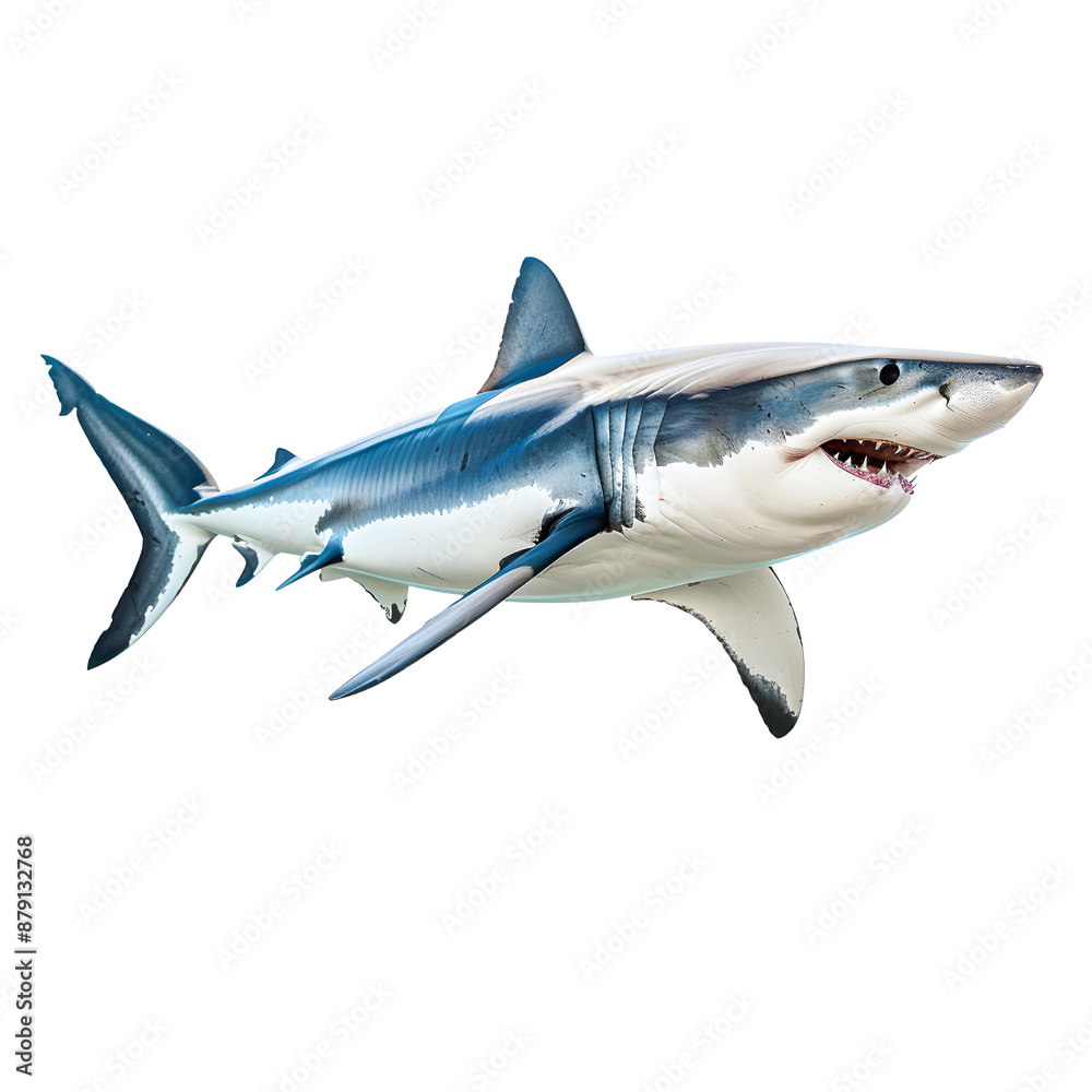 Close-up of a great white shark in profile isolated on transparency PNG background, showcasing its sharp teeth and powerful body against . Close-up of a great white shark in profile isolated on transparency PNG background, showcasing its sharp teeth and powerful body against .