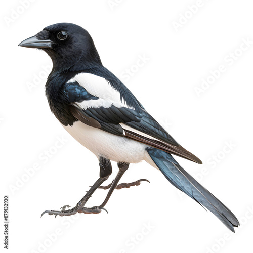Detailed close-up of a black and white magpie perched isolated on transparency PNG background, showcasing its striking feathers and sharp beak against .