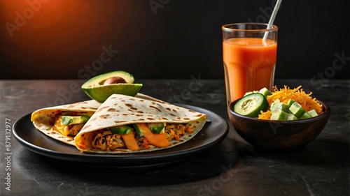 Mexican quesadillas with copy space on colorful background