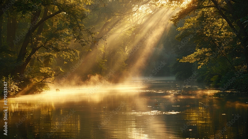 Sun rays reflecting off calm river surface Sun rays reflecting off calm river surface