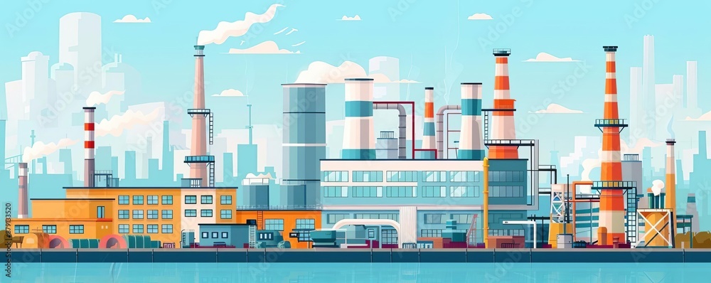 Obraz premium Production factory machinery flat design front view industrial theme cartoon drawing vivid