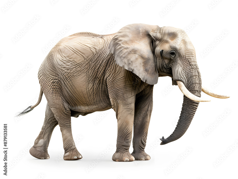 Obraz premium A large isolated African elephant with long tusks stands alone on a white background