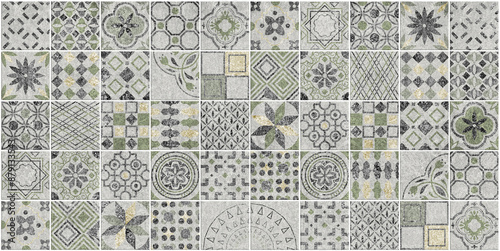 Stone greys and green tiles decor pattern in Mediterranean style antique	