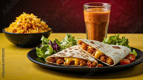 Mexican quesadillas with copy space on colorful background