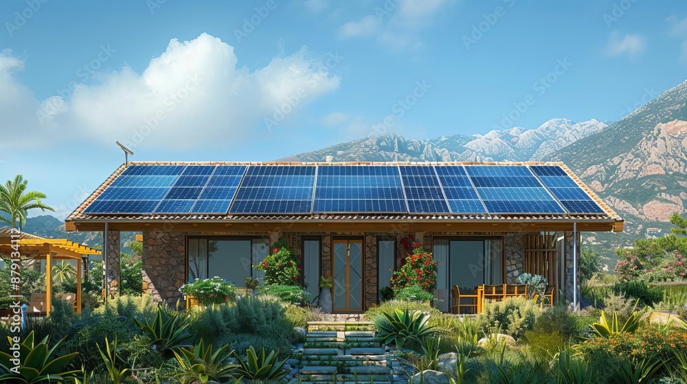 Solar renewable energy flat design front view theme sustainability 3D render Split-complementary color scheme Solar renewable energy flat design front view theme sustainability 3D render Split-complementary color scheme
