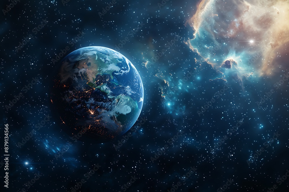 Naklejka premium Earth in the Universe: Stunning Celestial Landscape with Milky Way