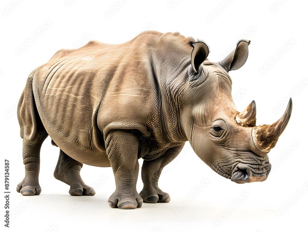 Fototapeta premium Isolated white rhinoceros, large horned mammal against white backdrop