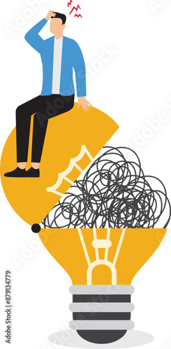 Difficulty in solving problems, out of ideas concept, too many complicated thoughts, confused businessman opens the dead light bulb idea containing a coil of stress messy lines