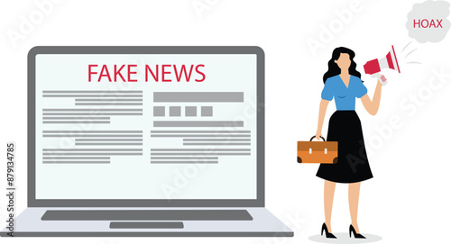 Businesswoman using megaphone conveying fake news or hoax on computer laptop, hoax or fake news illustration, misleading information from social media that creates misunderstandings
