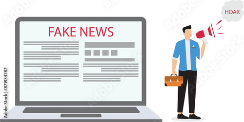 Businessman using megaphone conveying fake news or hoax on computer laptop, hoax or fake news illustration, misleading information from social media that creates misunderstandings