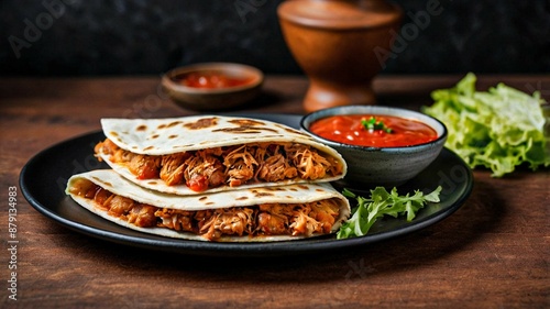 Mexican quesadillas with copy space on colorful background