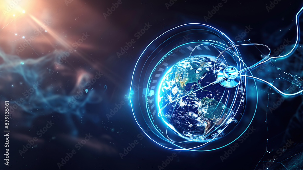 Abstract concept of earth, stethoscope, technological lines Abstract concept of earth, stethoscope, technological lines