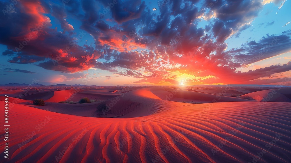 A dramatic desert sunset, the sky ablaze with color and shadows on the dunes
