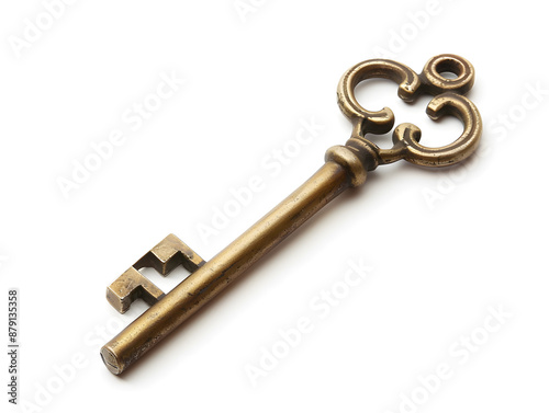 Aged metallic key isolated on white, symbol of security and home access