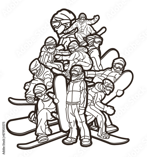 Group of Snowboarder Mix Action Snowboard Sport Player Cartoon Graphic Vector