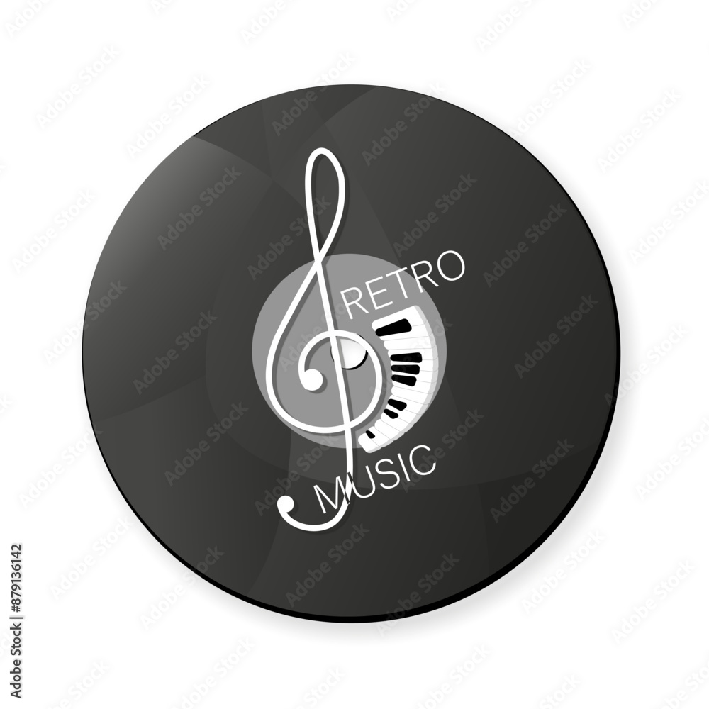 Retro music. Music vector emblem. Treble clef, notes, music record on a white background. Design for advertising, musical gift, holiday decoration, concert program. Vector illustration Retro music. Music vector emblem. Treble clef, notes, music record on a white background. Design for advertising, musical gift, holiday decoration, concert program. Vector illustration