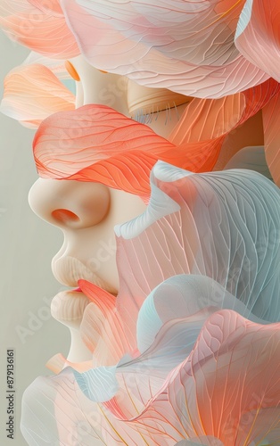 A woman's face is covered in flowers, with pink, blue, and white petals