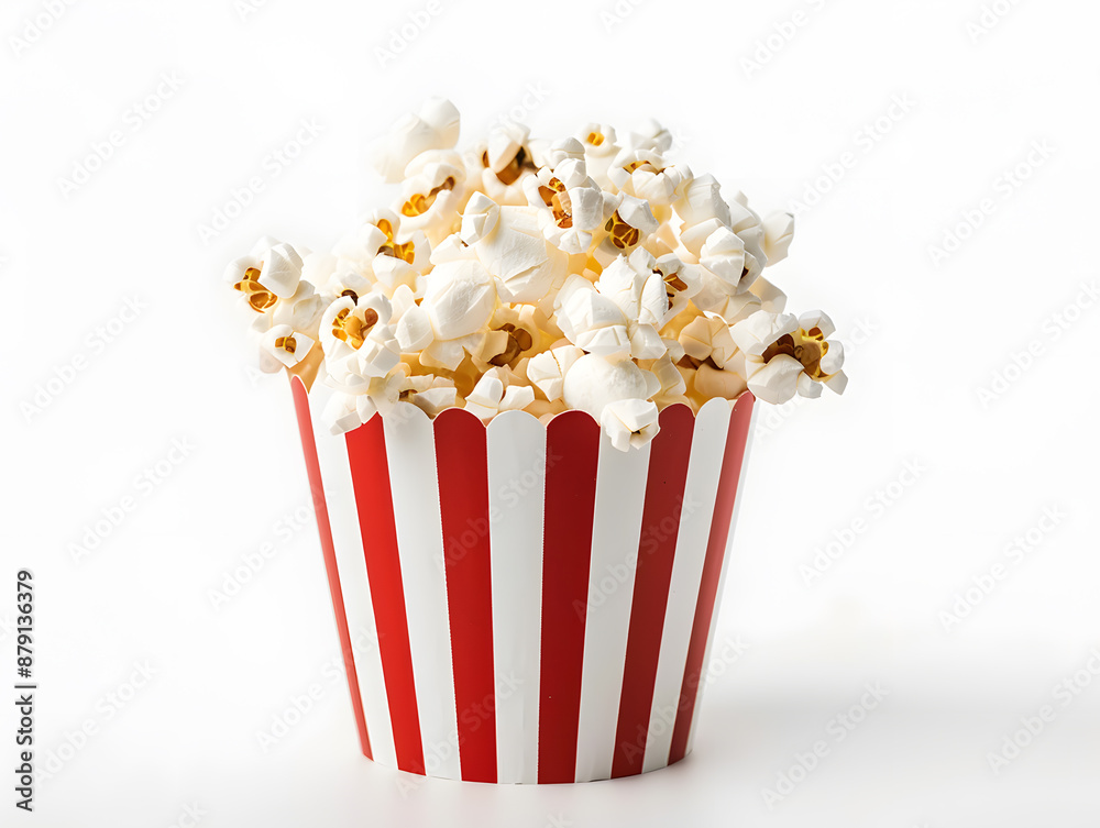 Isolated red bucket overflowing with delicious popcorn, a classic movie snack Isolated red bucket overflowing with delicious popcorn, a classic movie snack