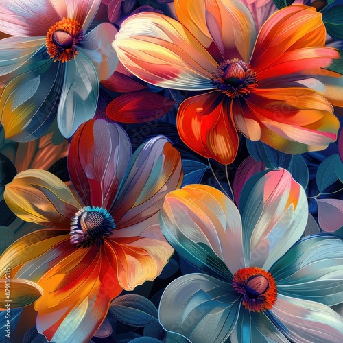 A colorful bouquet of flowers with a bright blue background