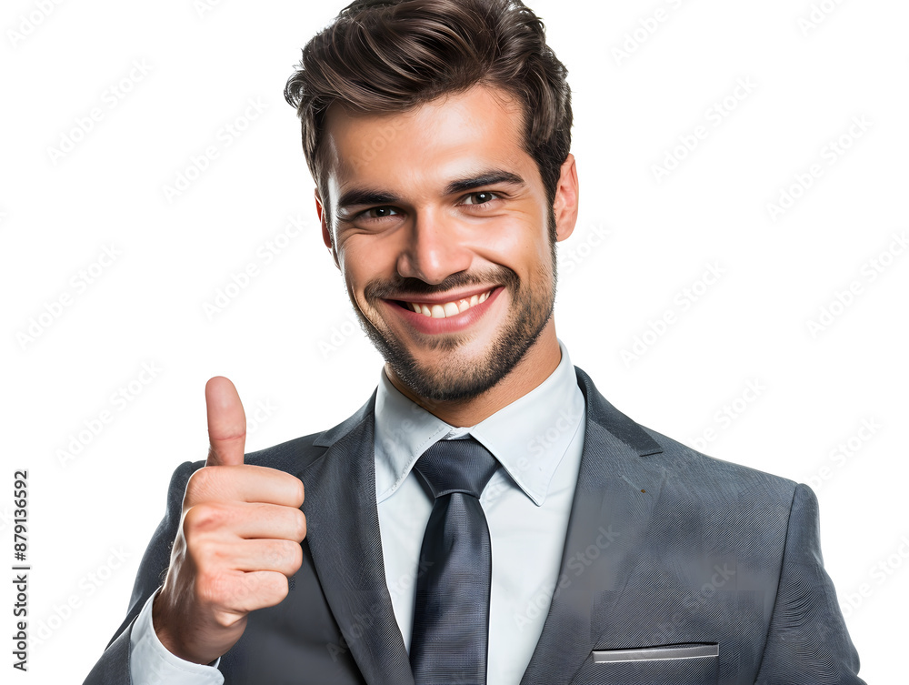 Smiling businessman in suit gives thumbs up, symbolizing success and positive agreement Smiling businessman in suit gives thumbs up, symbolizing success and positive agreement