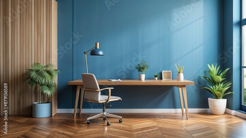 Clean minimalist homework office space with empty blue wall, wooden desk, and ergonomic chair, perfect for focused work and studying.