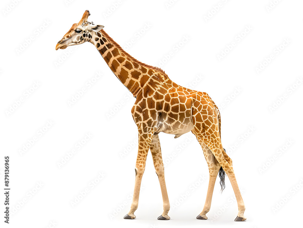 Tall, isolated giraffe with long neck standing on white background Tall, isolated giraffe with long neck standing on white background