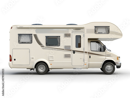 Isolated white camper van for travel, vacation, and camping adventures