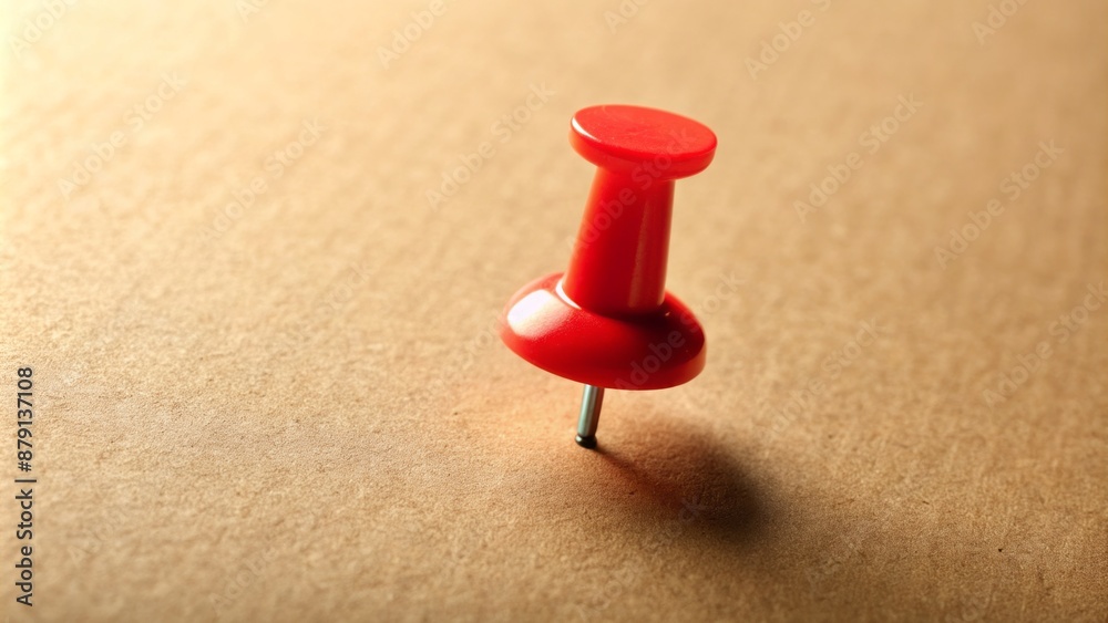 A solitary, bright red push pin placed precisely in the center of a plain, cream-colored square background texture. A solitary, bright red push pin placed precisely in the center of a plain, cream-colored square background texture.