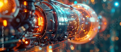 A futuristic looking machine with a glowing orange tube