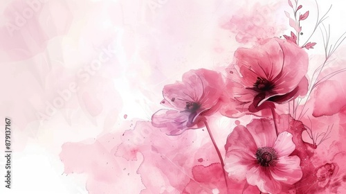 Beautiful pink flowers and watercolor art on white background with space for text