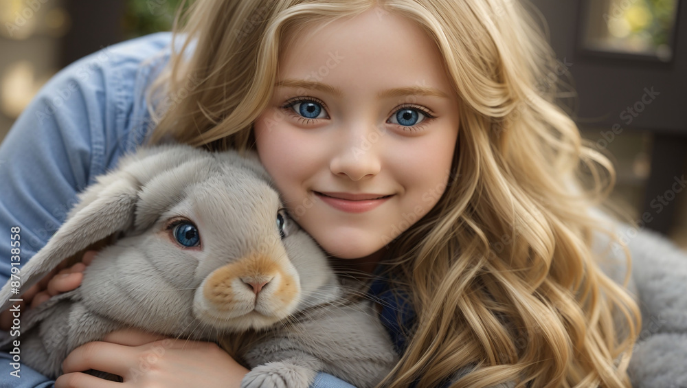 A young girl with long blonde hair and blue eyes is holding a gray rabbit. Both are smiling at the camera.
A young girl with long blonde hair and blue eyes is holding a gray rabbit. Both are smiling at the camera.