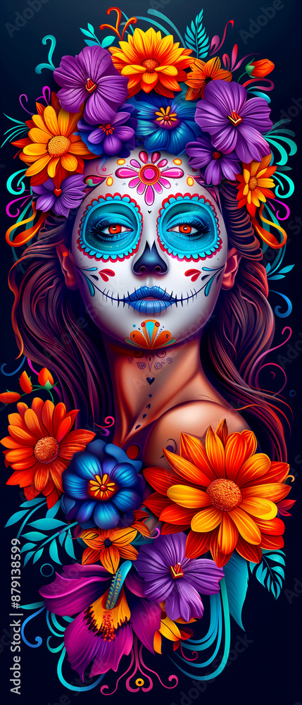 A woman with a flower headdress and a skeleton face. The flowers are in various colors and the skeleton face is blue and white A woman with a flower headdress and a skeleton face. The flowers are in various colors and the skeleton face is blue and white