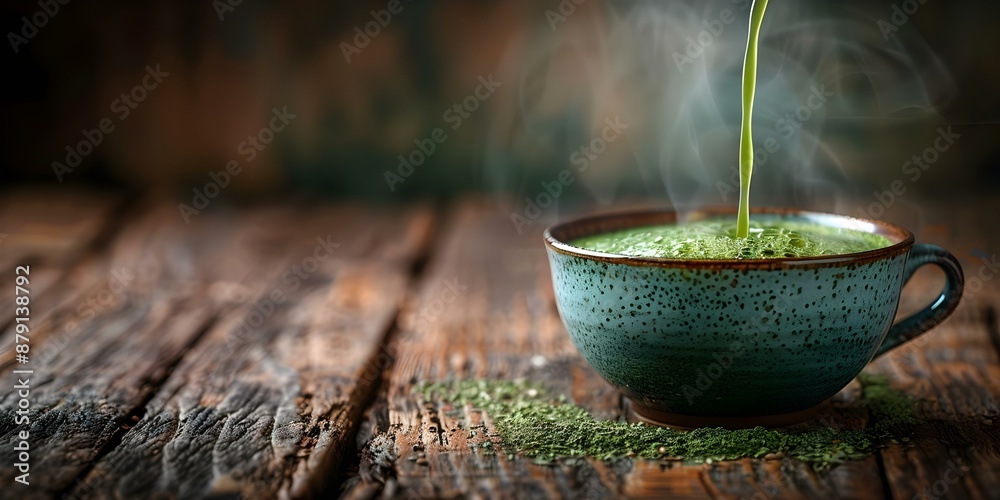 Pouring blue matcha tea into a cup on a wooden background for a banner. Concept Blue Matcha Tea, Pouring, Wooden Background, Beverage Photography, Banner Design