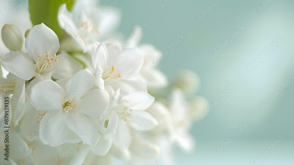 Close-up of jasmine flowers, soft-focus indoor garden backdrop, soft shadows, evoke tranquility, soothing and delicate composition. Close-up of jasmine flowers, soft-focus indoor garden backdrop, soft shadows, evoke tranquility, soothing and delicate composition.