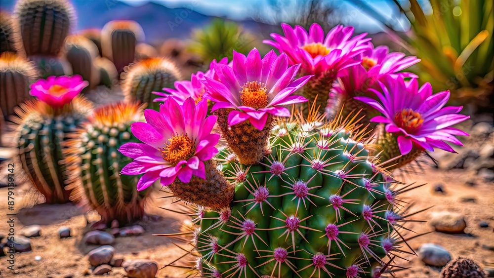 Cactus blooming with vibrant pink flowers in the scorching desert heat, arid, succulent, plant, nature, hot, dry, prickly, blossom