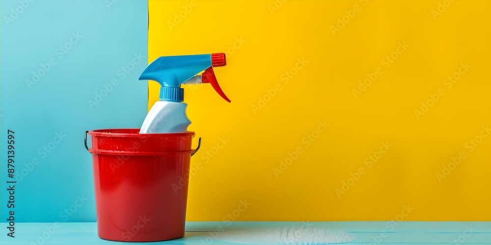Red bucket and blue spray bottle pop against vibrant yellow and blue background. Concept Springtime Photoshoot, Primary Colors, Contrast Techniques, Vibrant Backdrops Red bucket and blue spray bottle pop against vibrant yellow and blue background. Concept Springtime Photoshoot, Primary Colors, Contrast Techniques, Vibrant Backdrops