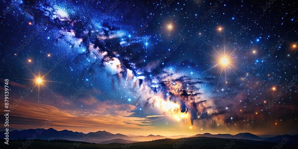 Fototapeta premium Beautiful night sky filled with twinkling stars and a visible galaxy in the background, night, sky, stars, galaxy