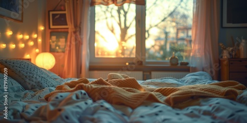 Cozy bedroom with a messy bed and a view of the sunset. AI.