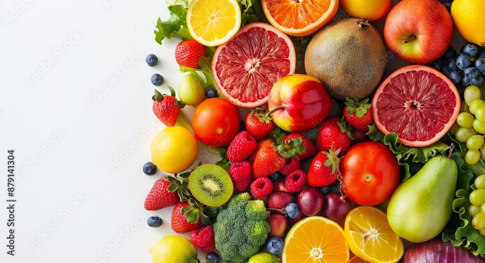 Colorful fruits and vegetables on a white background with space for copy for a healthy eating or lifestyle concept Colorful fruits and vegetables on a white background with space for copy for a healthy eating or lifestyle concept