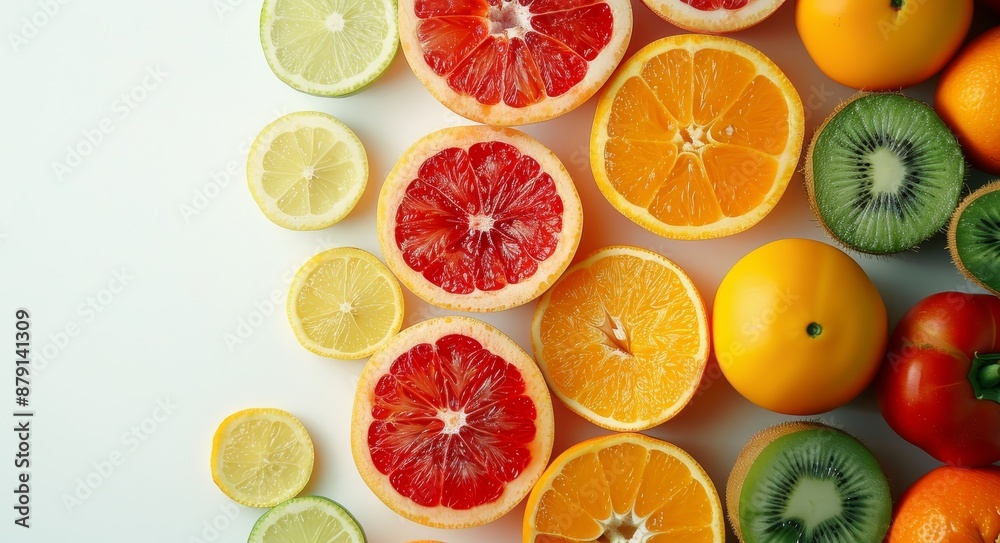 Colorful fruits and vegetables on a white background with space for copy for a healthy eating or lifestyle concept Colorful fruits and vegetables on a white background with space for copy for a healthy eating or lifestyle concept
