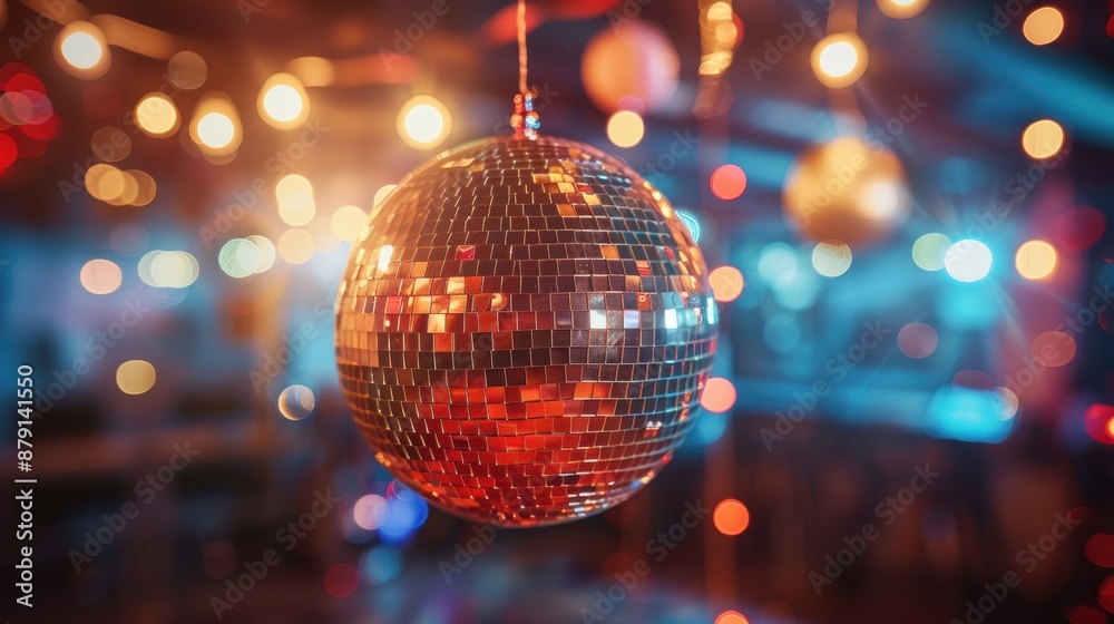 A shiny disco ball reflects colorful lights in a festive party ambiance, creating a lively and vibrant atmosphere. A shiny disco ball reflects colorful lights in a festive party ambiance, creating a lively and vibrant atmosphere.