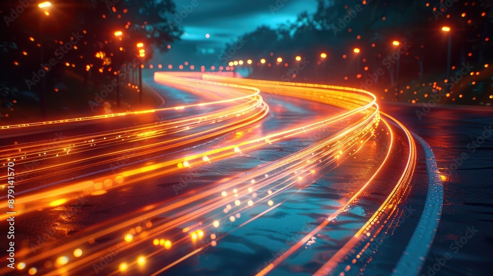 Abstract pattern of light trails from traffic at night, creating a sense of motion and energy, Abstract pattern of light trails from traffic at night, creating a sense of motion and energy,