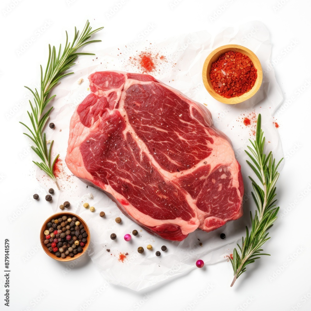 Fototapeta premium Fresh ribeye steak from marbled beef and spices on a white background