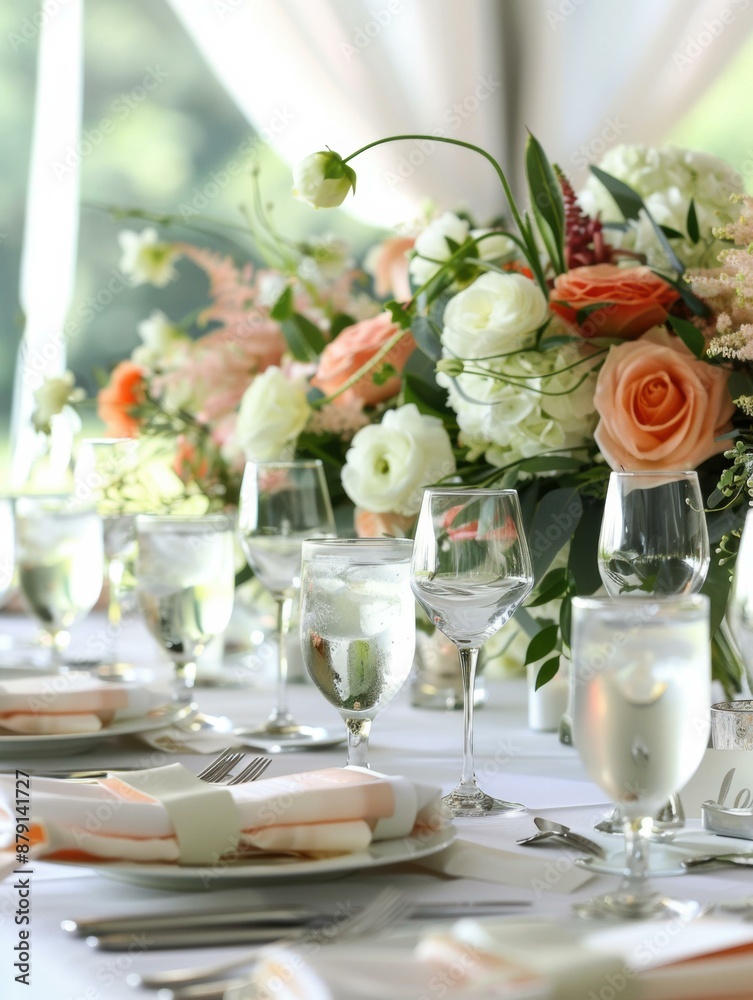 Beautiful table setting with flowers and wine glasses. AI. Beautiful table setting with flowers and wine glasses. AI.