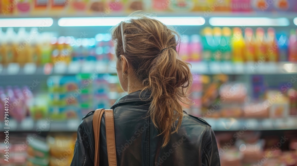 Back view of a woman in a leather jacket shopping in a brightly lit supermarket aisle with colorful products. Back view of a woman in a leather jacket shopping in a brightly lit supermarket aisle with colorful products.