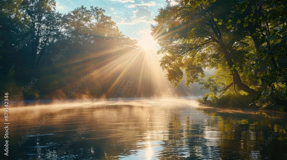 Sun rays reflecting off calm river surface Sun rays reflecting off calm river surface