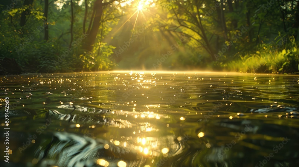 Sun rays reflecting off calm river surface Sun rays reflecting off calm river surface