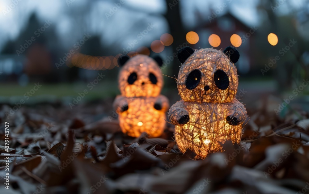Glowing Panda Ornaments in Fall Leaves. Glowing Panda Ornaments in Fall Leaves.
