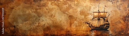 Historic Voyage Focus on an illustration of Columbus historic voyage with a nautical background left  