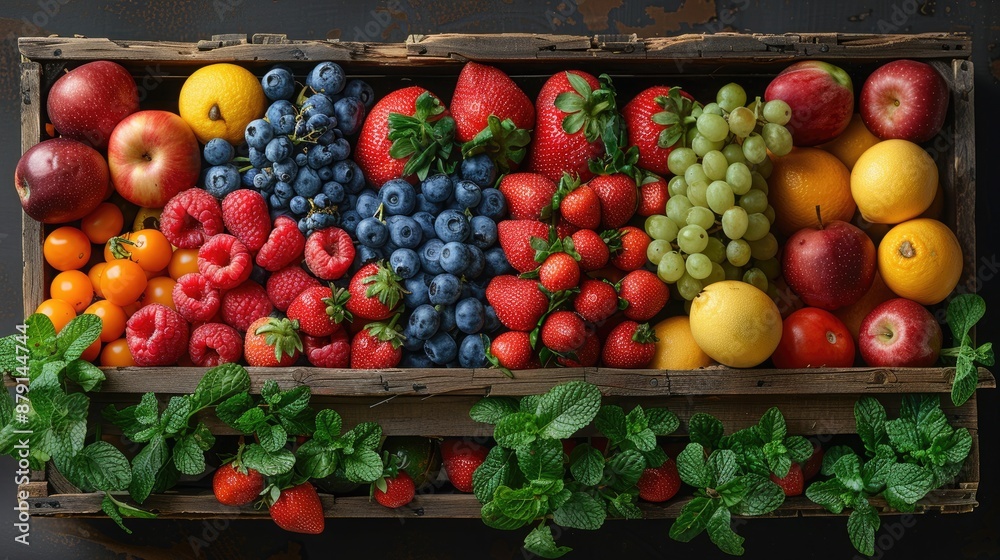 Artistic composition of fresh fruits and vegetables arranged in a rustic wooden crate, ideal for healthy eating Artistic composition of fresh fruits and vegetables arranged in a rustic wooden crate, ideal for healthy eating